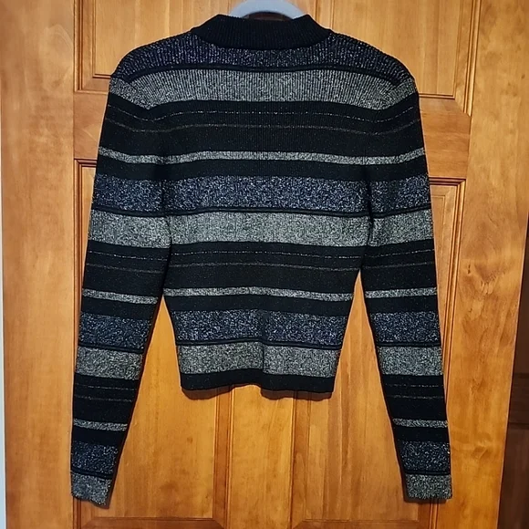 House Of Harlow 1960 Striped Black, Gray, Silver Knit Stretch Sweater Sz M - Picture 8 of 9